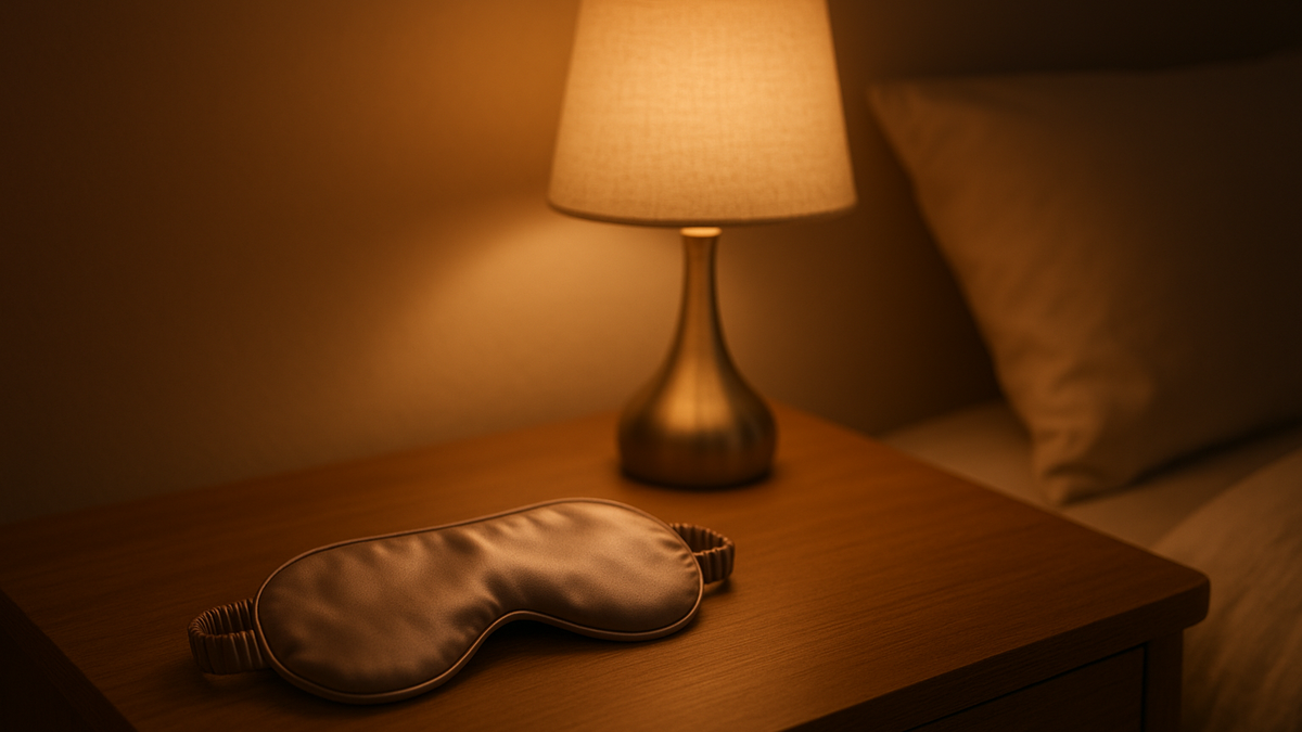 Folded silk sleep mask resting on a nightstand beside a dimmed bedroom lamp