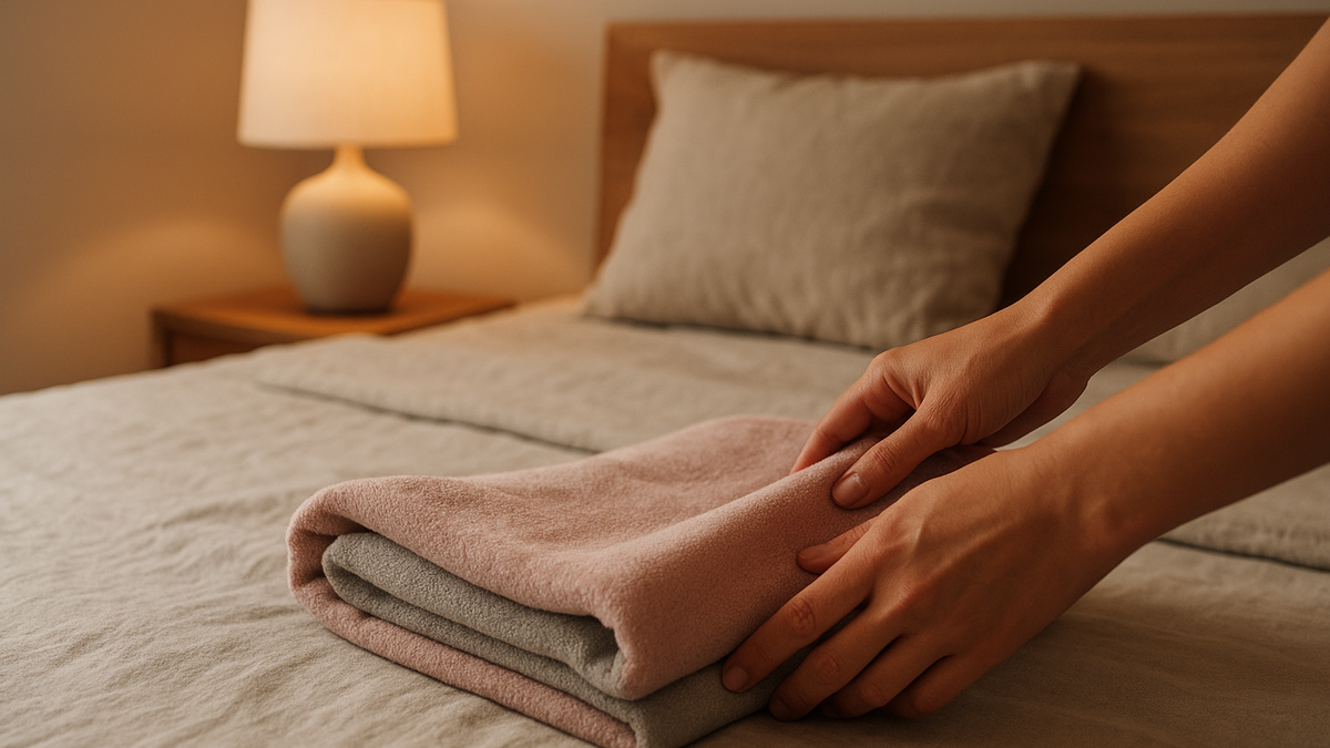 Woman folding a cotton nighty at home in natural light