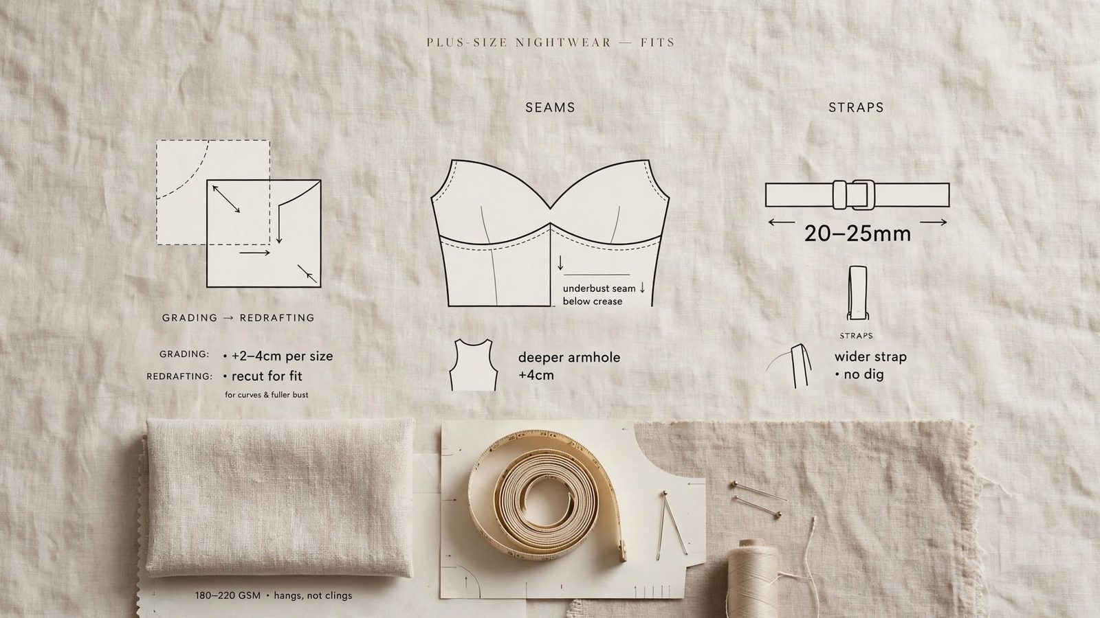 Plus-size nightwear fit diagram: pattern grading vs redrafting, underbust seam below the crease, deeper armhole and 20-25mm straps