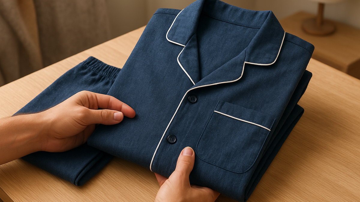 Men's cotton night suit set folded on a bed, representing a comfort audit of sleepwear fabric and fit